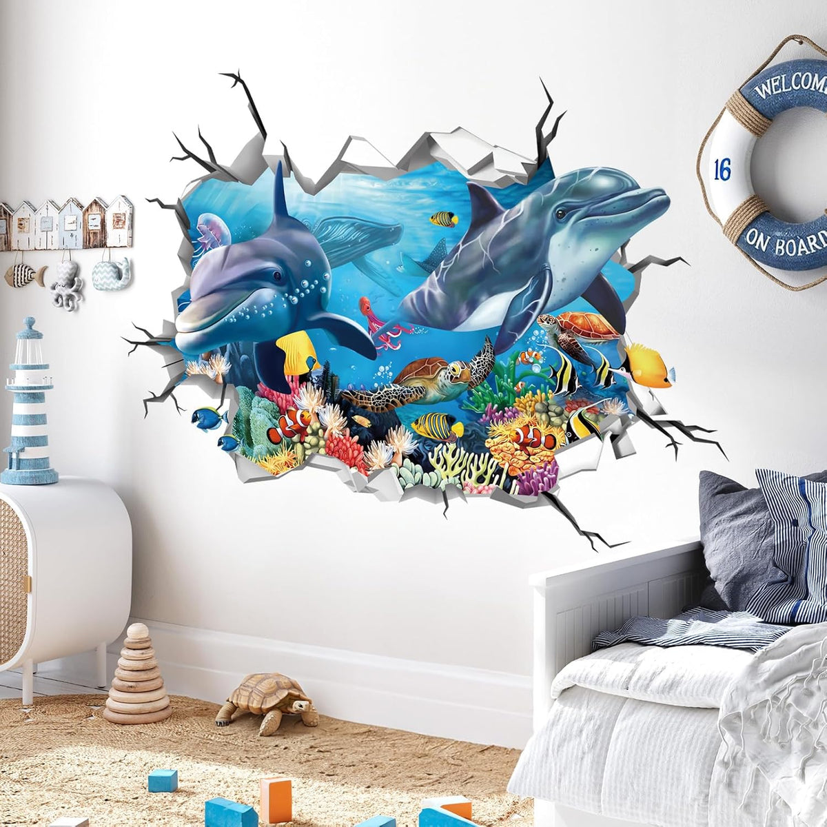 decalmile 3D Under The Sea Dolphin Fish Wall Decals Ocean Turtle Seaweed Broken Wall Stickers Boys