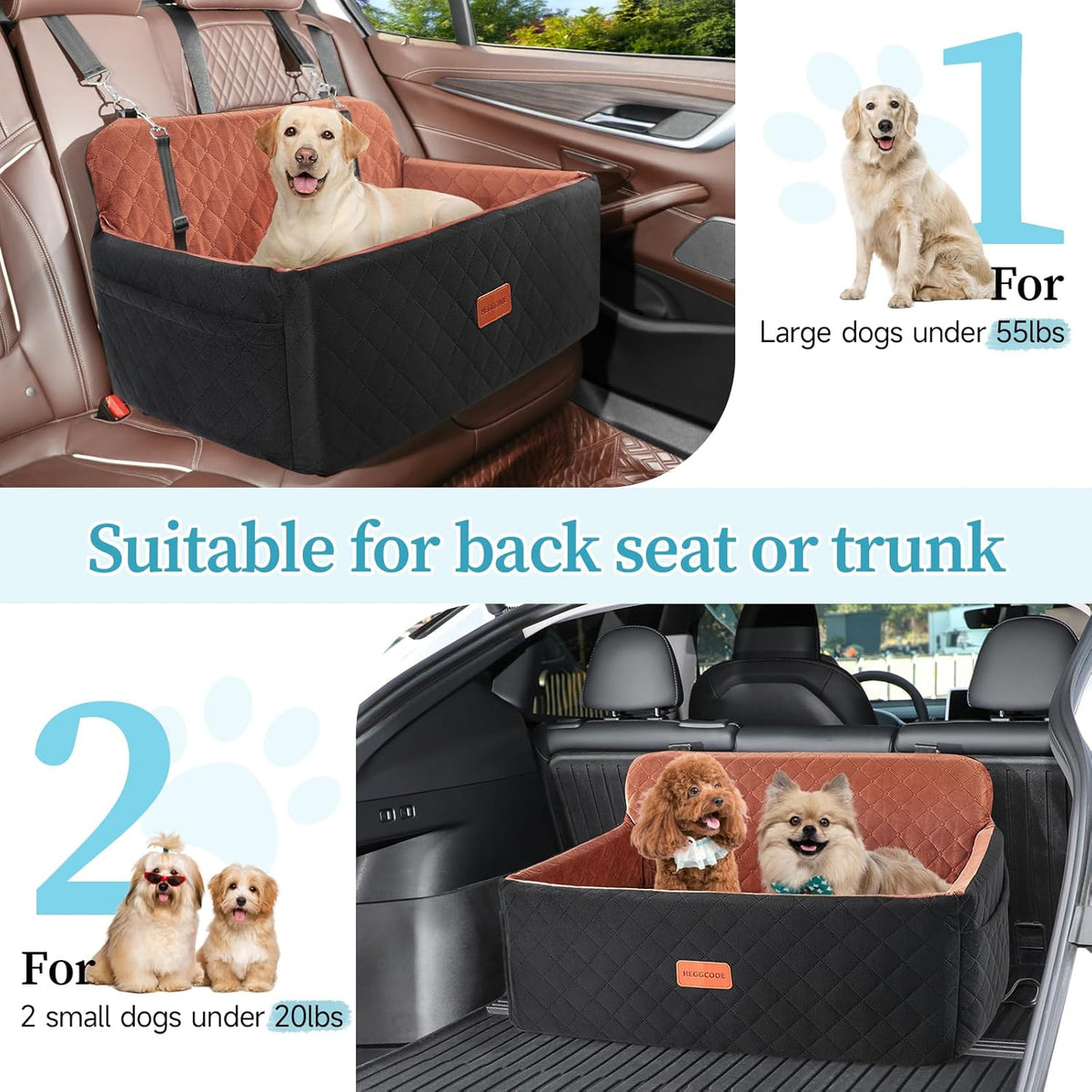 Dog Car Seat for Medium/Large Dogs, Pet Booster Seat for Under 55 lbs or 2 Small Dogs, Detachable &