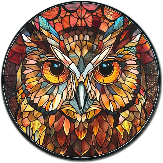 Lygond Metal Sign Tin Sign Circular Stained Glass Owl Metal Garden Signs for Garden 12×12 Inches