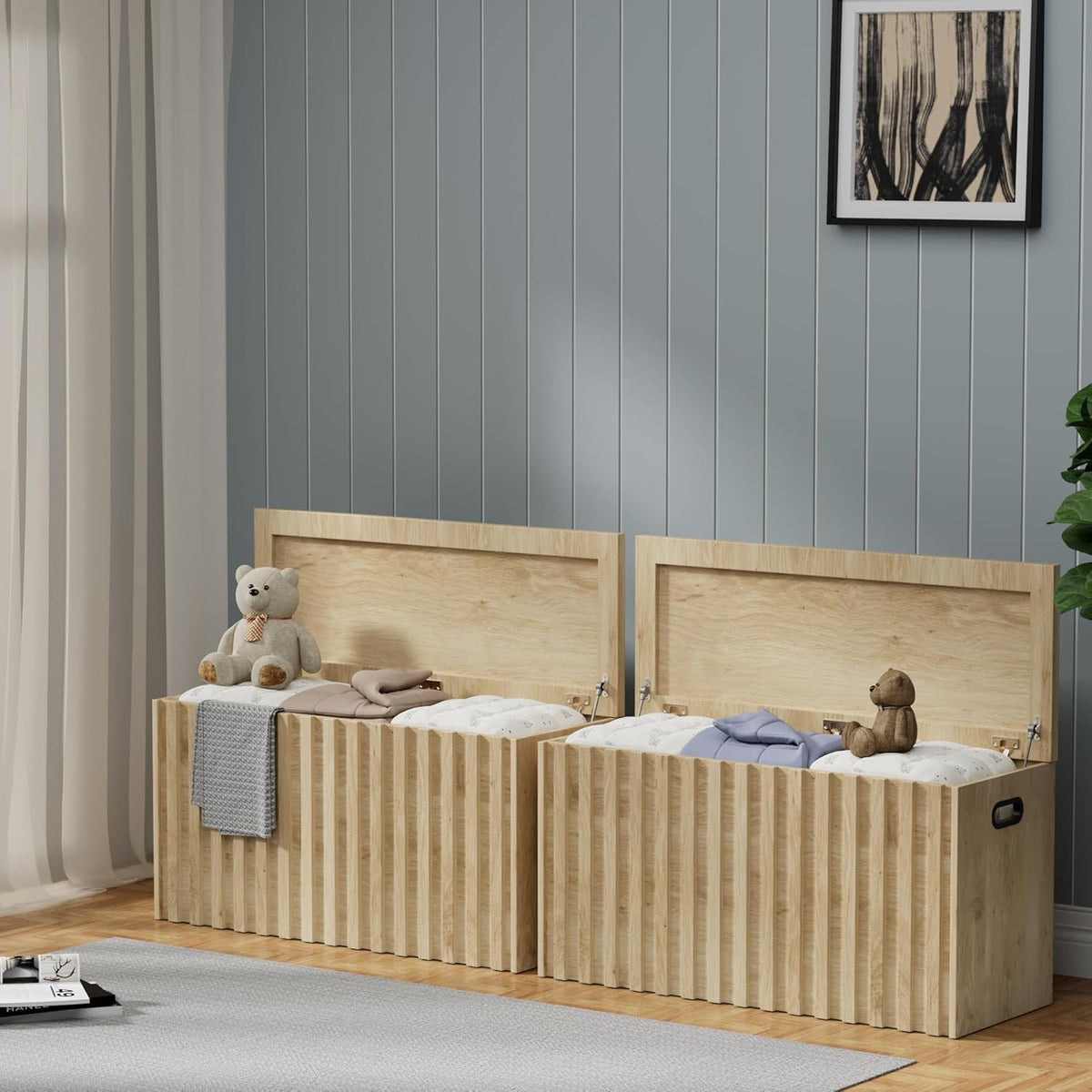 UEV Storage Bench Set of 2, 39.4" Wood Storage Trunk with 2 Safety Hinges, Sturdy Storage Chest