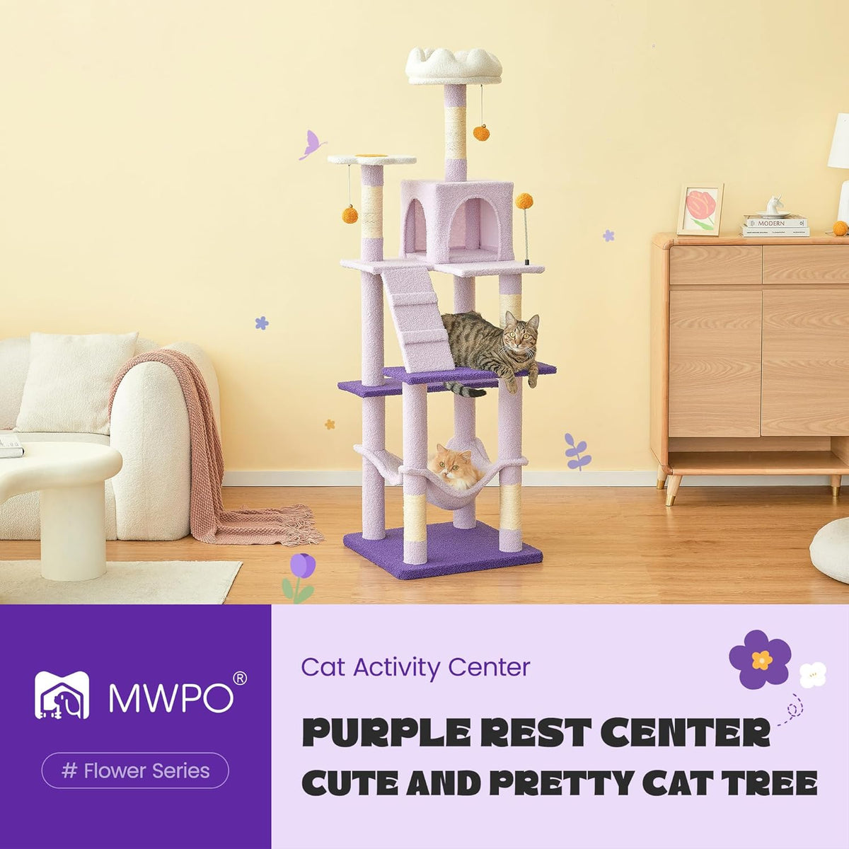 MWPO Flower Cat Tree for Indoor Cats, 63.8 Inches Multi-Level Cat Tower with Sisal-Covered