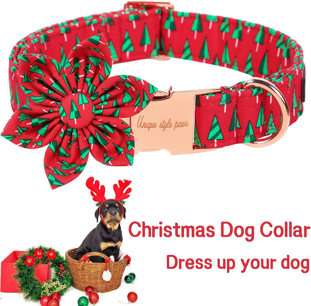 Unique style paws Christmas Dog Collar with Flower Best Winter for Small Medium Large Dogs