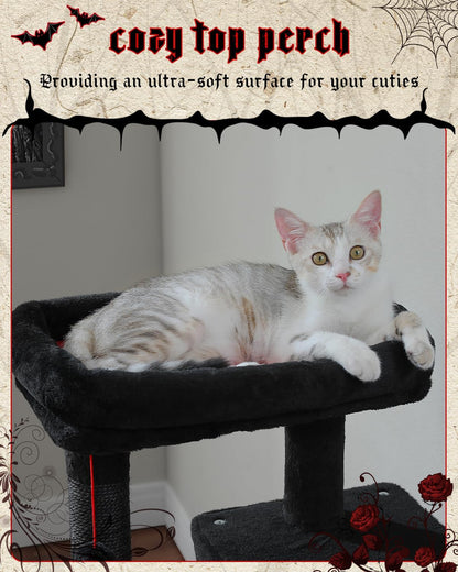 Gothic Cat Tree with Super Large Hammock, 45.7" Black Cat Tower with Coffin Bed, Cat Condo, Sisal
