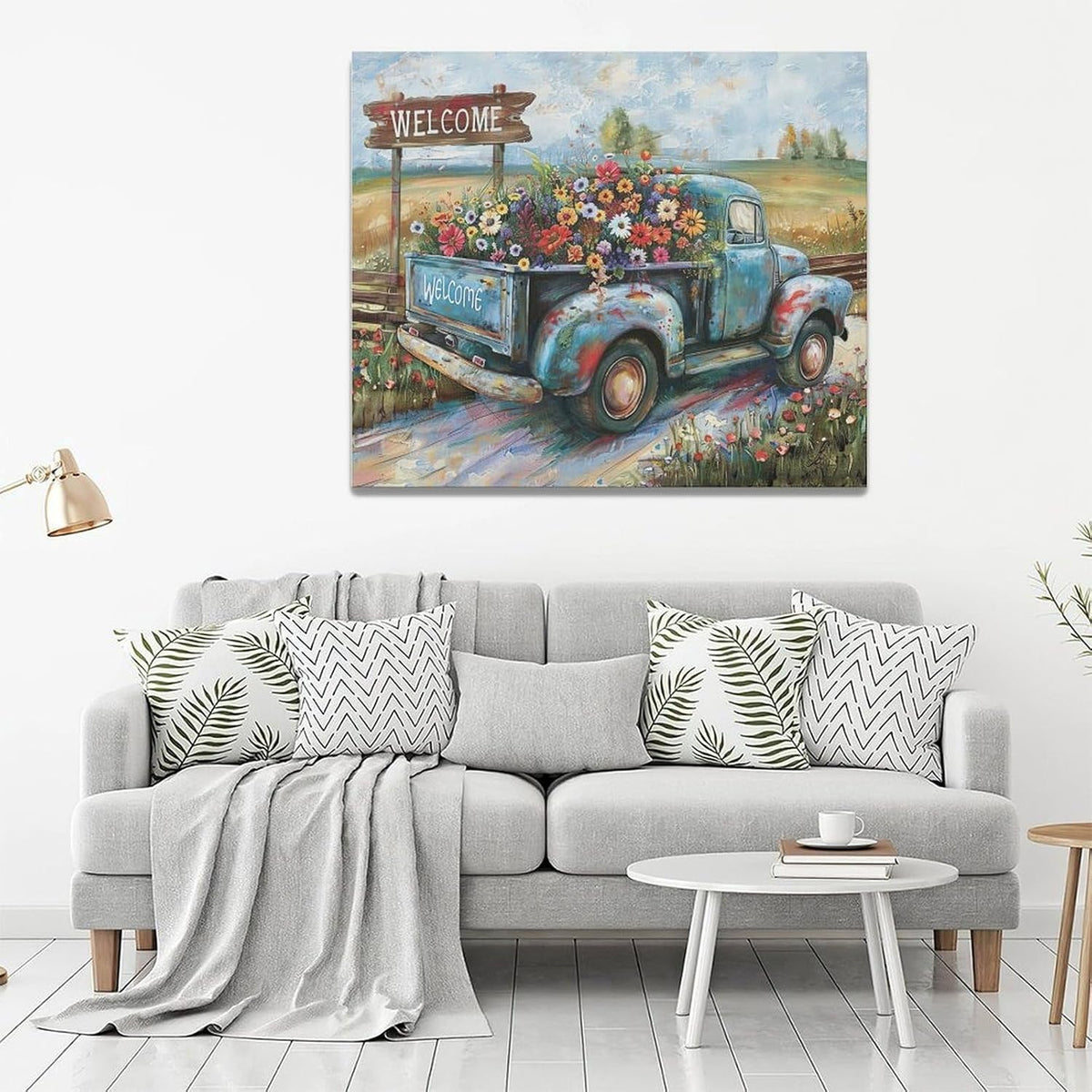 Farmhouse Truck Wall Art Rustic Country Wildflowers Wall Decor Road Flowers Landscape Pictures