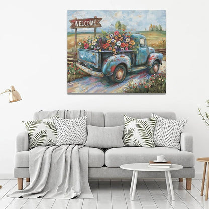 Farmhouse Truck Wall Art Rustic Country Wildflowers Wall Decor Road Flowers Landscape Pictures