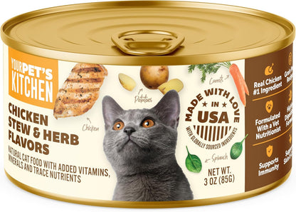 YOUR PET'S KITCHEN Canned Wet Cat Food, Chicken Stew & Herb Flavors - 3 oz Cans (Pack of 24), Made