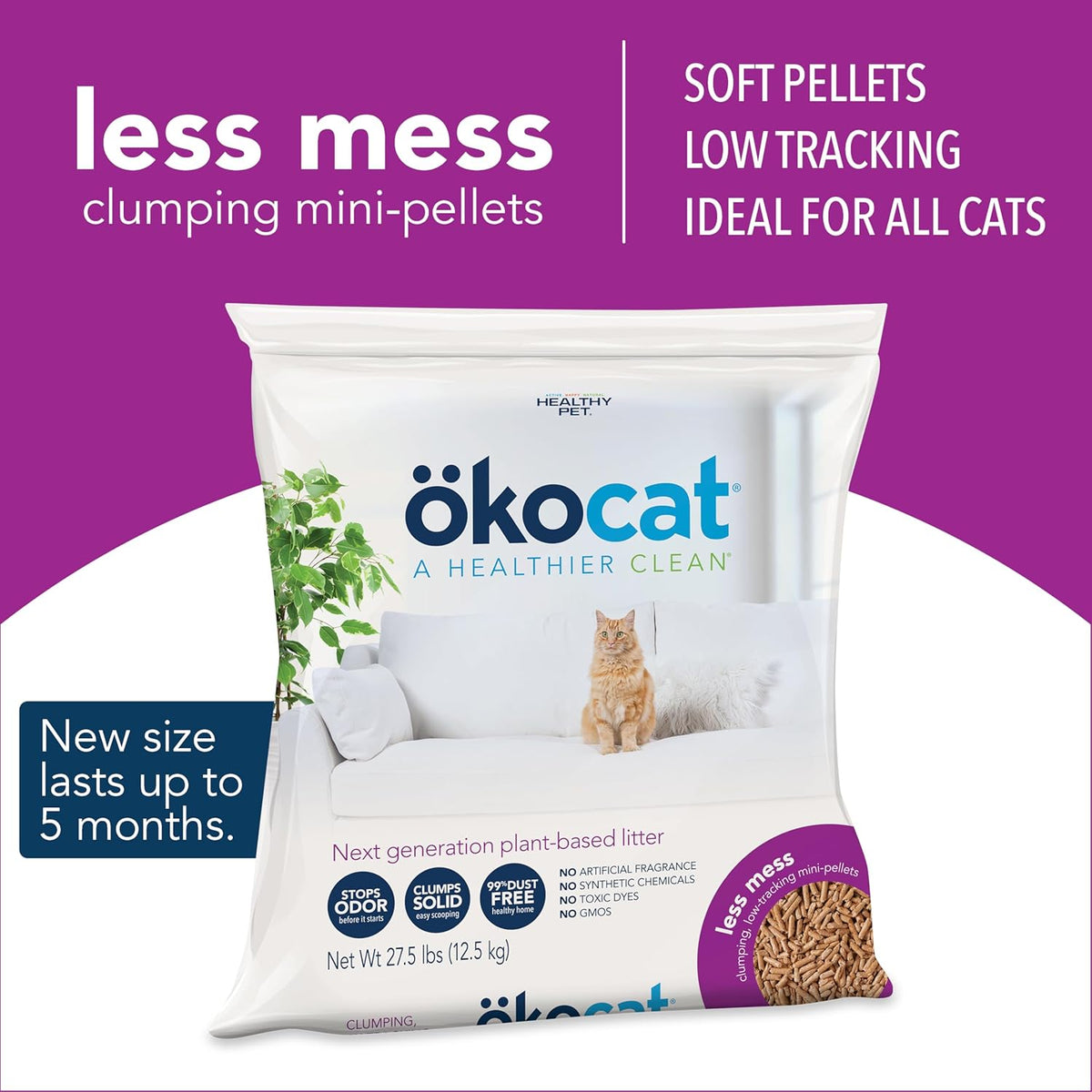 ökocat Less Mess Low Tracking Wood Clumping Cat Litter Mini- Pellets, Unscented, 27.5 pounds XL