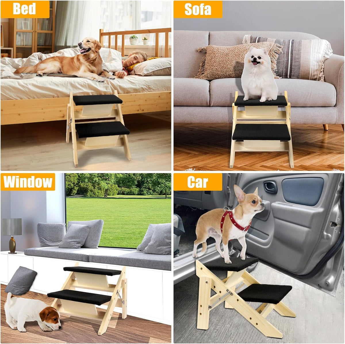 Foldable Dog Stairs/Ramp with 2 Steps - Durable Wooden Pet Stairs for Small, Medium, Large Dogs