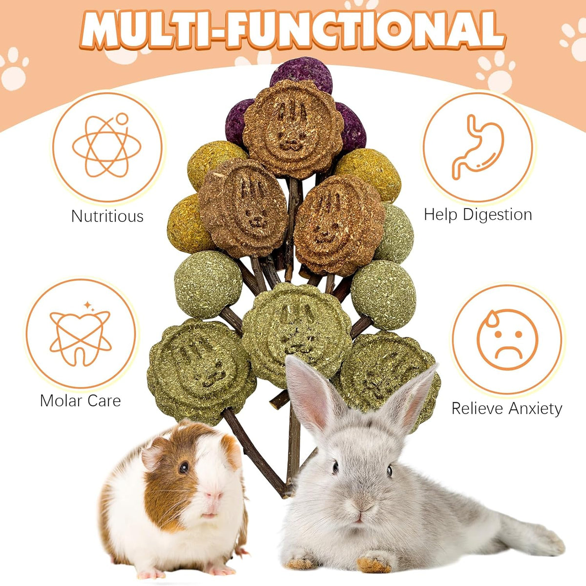 Fhiny Rabbit Chew Toys, 30 PCS Natural Bunny Lollipop Chew Sticks Handmade Guinea Pig Molar Treats