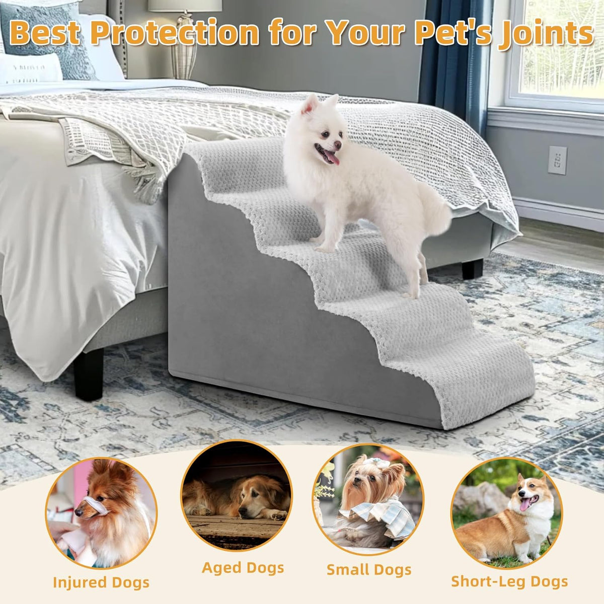 MIHIKK Dog Stairs Ramp, Curved 5-Step Dog Steps for Small Dogs and Cats, Pet Stairs for High Beds