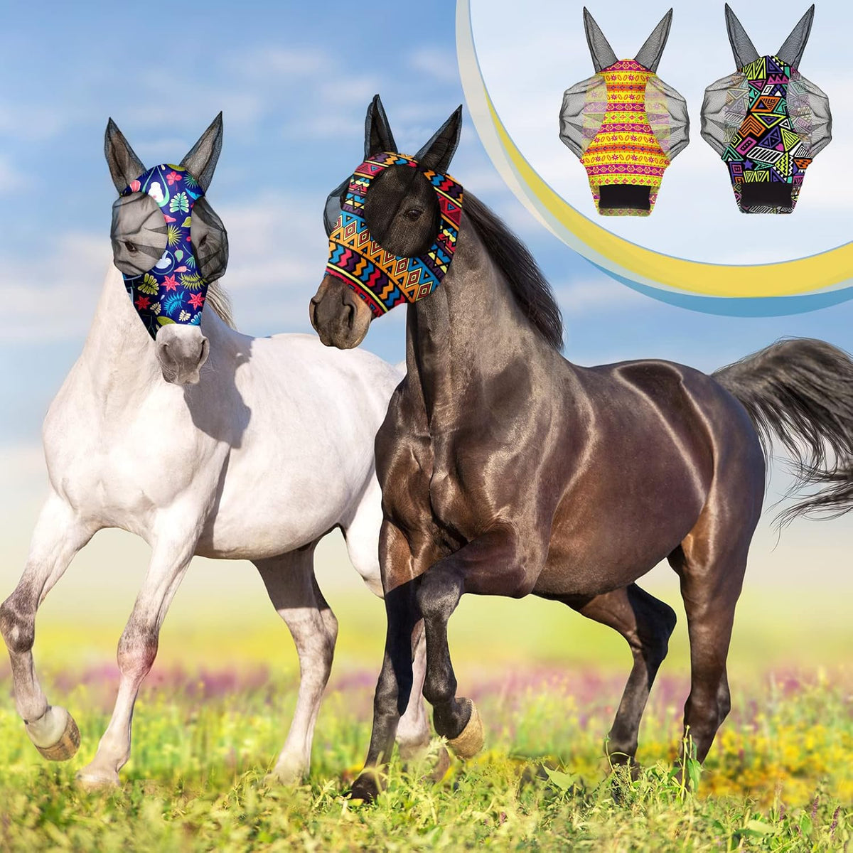 Frienda 4 Pieces Horse Fly Masks with Ears Face Covering UV Protection from Insect Pests Elasticity