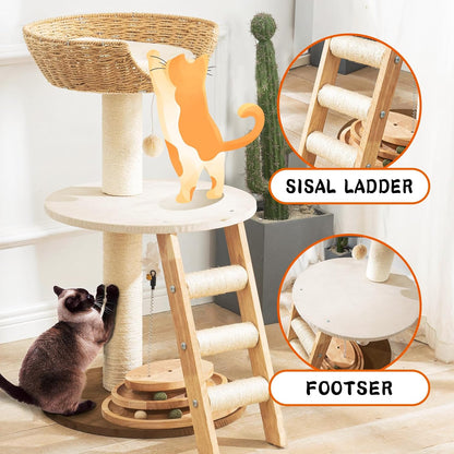 Natural Wood Modern Cat Tree with Top Cats Bed, Unique Cute Cats Furniture Activity Centre with