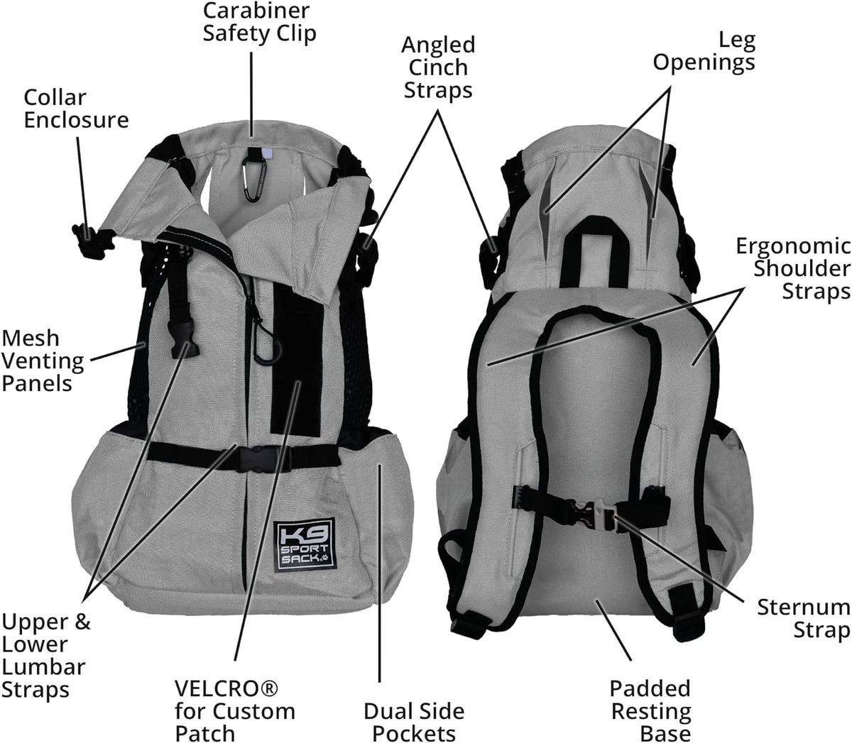 K9 Sport Sack Air 2 - X-Small, Light Grey - Ideal for Dogs with 9-12” Back Length - Durable