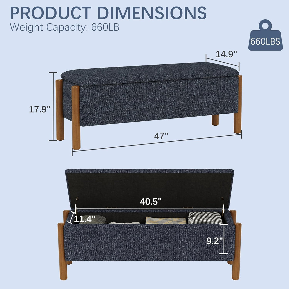Modern Storage Benches with Walnut Wood Legs, 47'' Ottoman Bench with 20 Gallons Storage Space for
