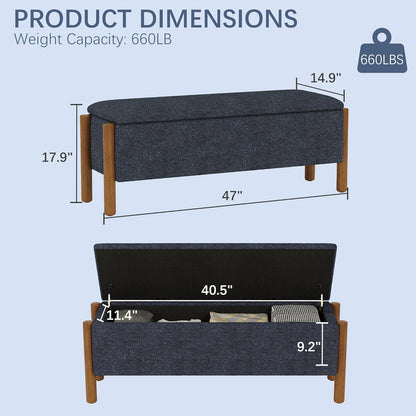 Modern Storage Benches with Walnut Wood Legs, 47'' Ottoman Bench with 20 Gallons Storage Space for