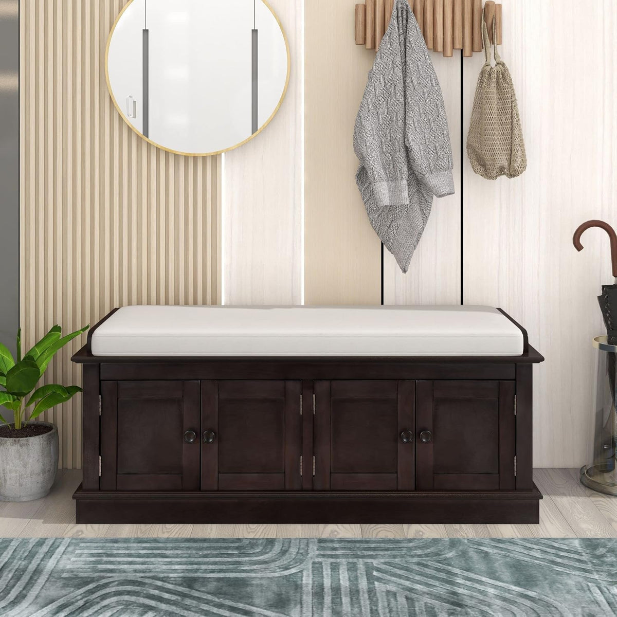 Shoe Storage Bench with 4 Doors and Adjustable Shelves, Shoe Bench with Removable Cushion for