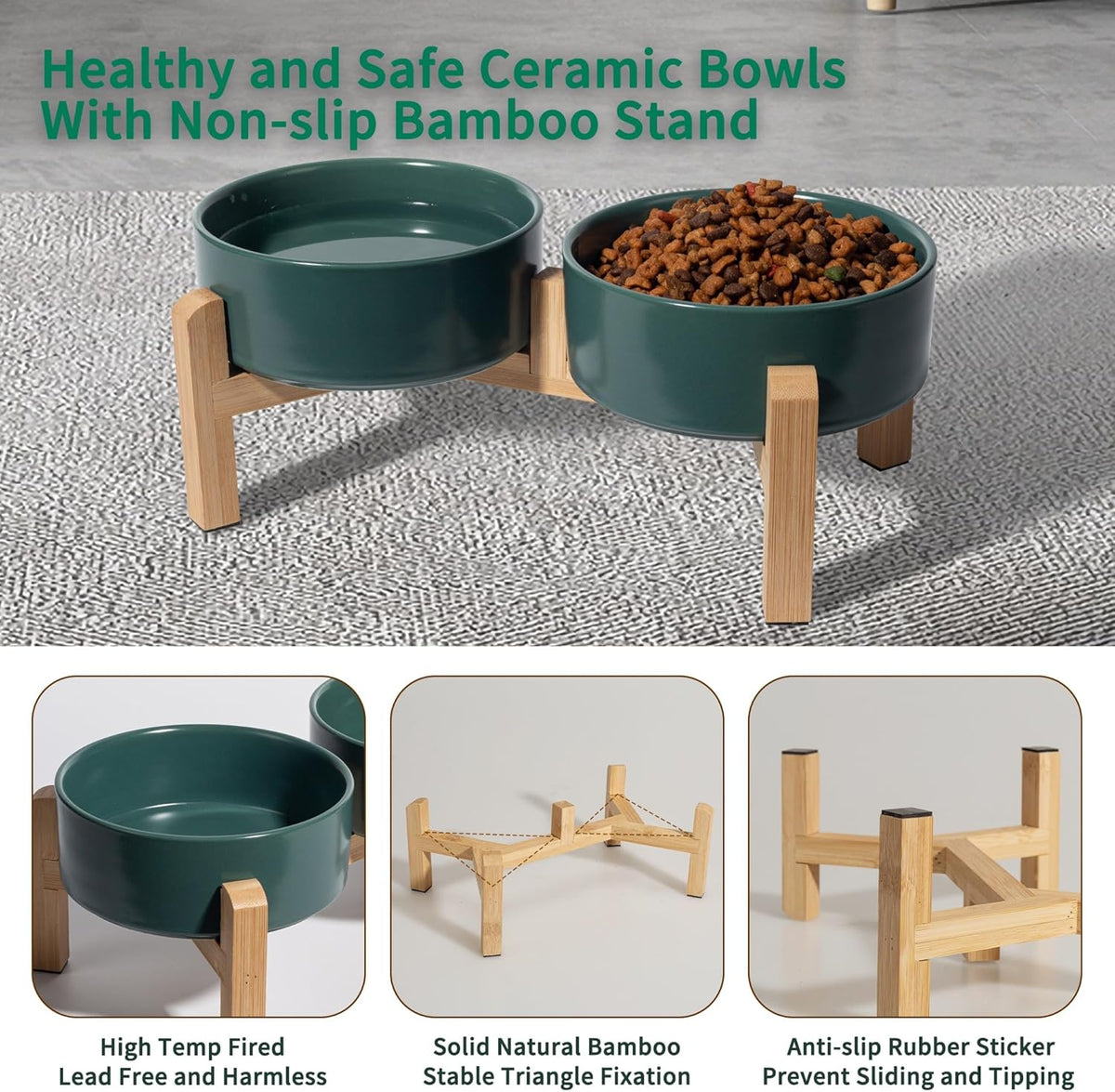 Elevated Ceramic Dog Bowl Set - Raised Feeding Bowls with Non-Slip Bamboo Stand - Small Pet Dishes