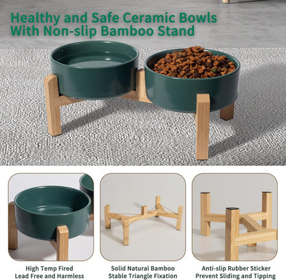 Elevated Ceramic Dog Bowl Set - Raised Feeding Bowls with Non-Slip Bamboo Stand - Small Pet Dishes