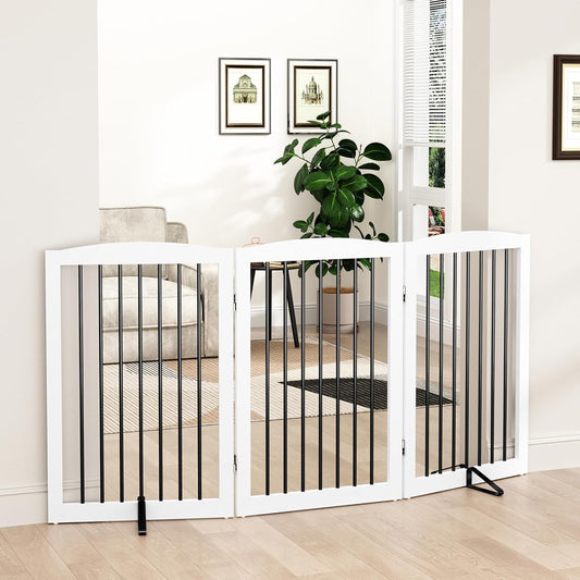 Freestanding Pet Gate for Dogs, Foldable Wooden Dog Gate for House Indoor, Tall Pet Fence for