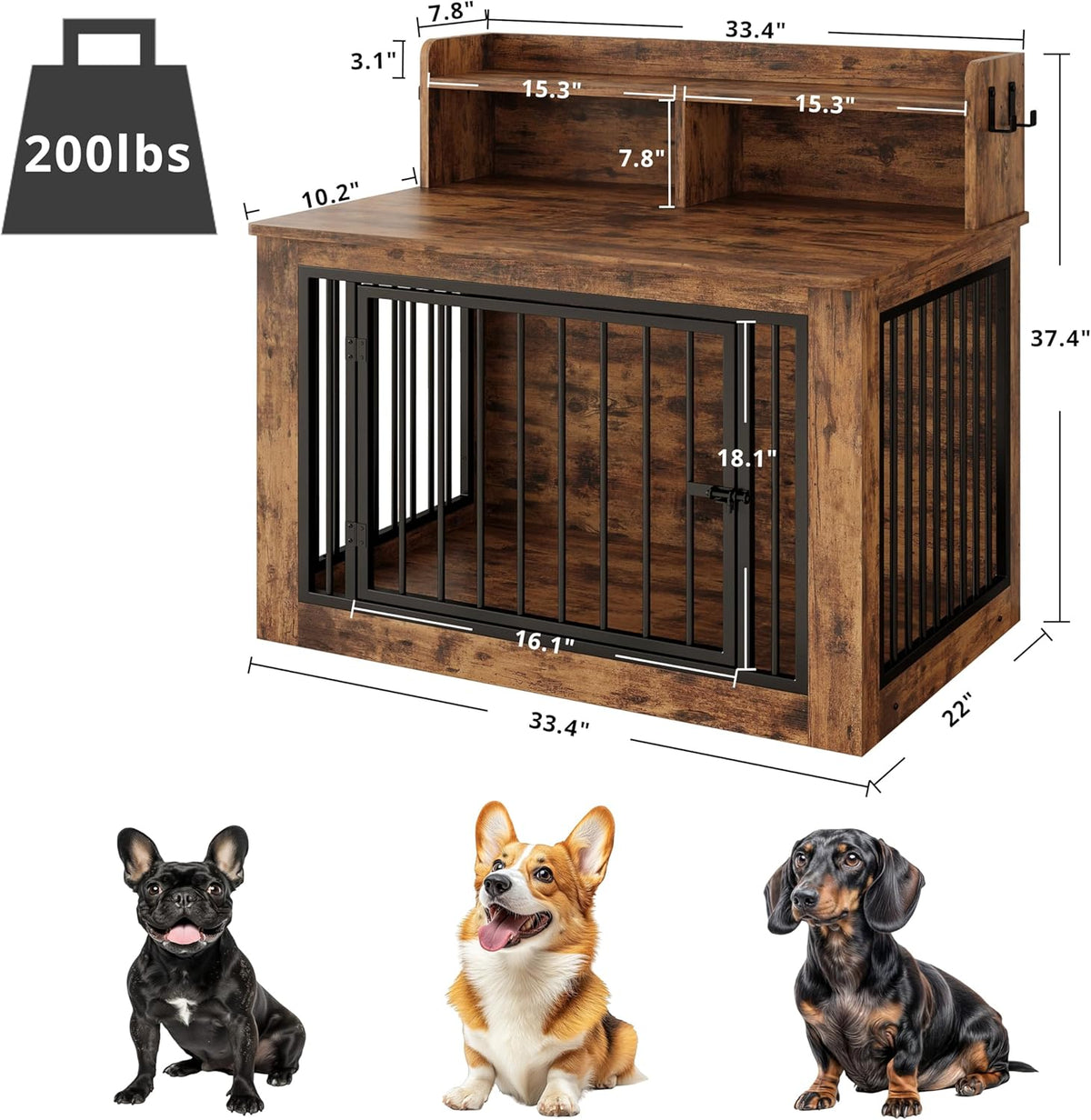 IRONCK Dog Crate Furniture, 33.4 inches Wooden Small Dog Crate with Storage and 4 Hooks, Heavy Duty