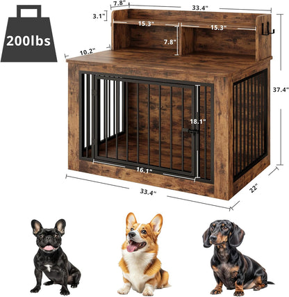 IRONCK Dog Crate Furniture, 33.4 inches Wooden Small Dog Crate with Storage and 4 Hooks, Heavy Duty
