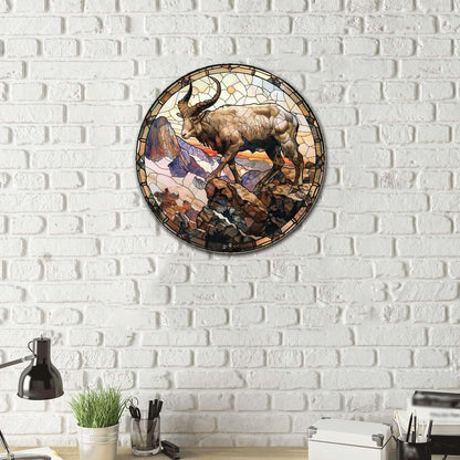 Lygond Metal Sign Tin Sign Circular Stained Glass Mountain Goat Tin Sign Gift for Garage 12×12
