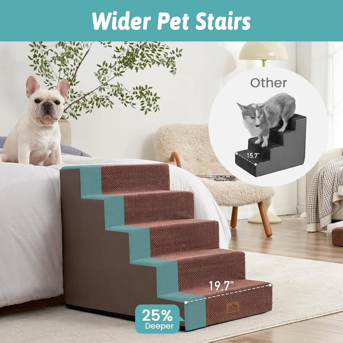 Dog Stairs for Small Dogs, 5 Tier Wider Pet Stairs for High Beds, 23.6" H Non-Slip Dog Steps for