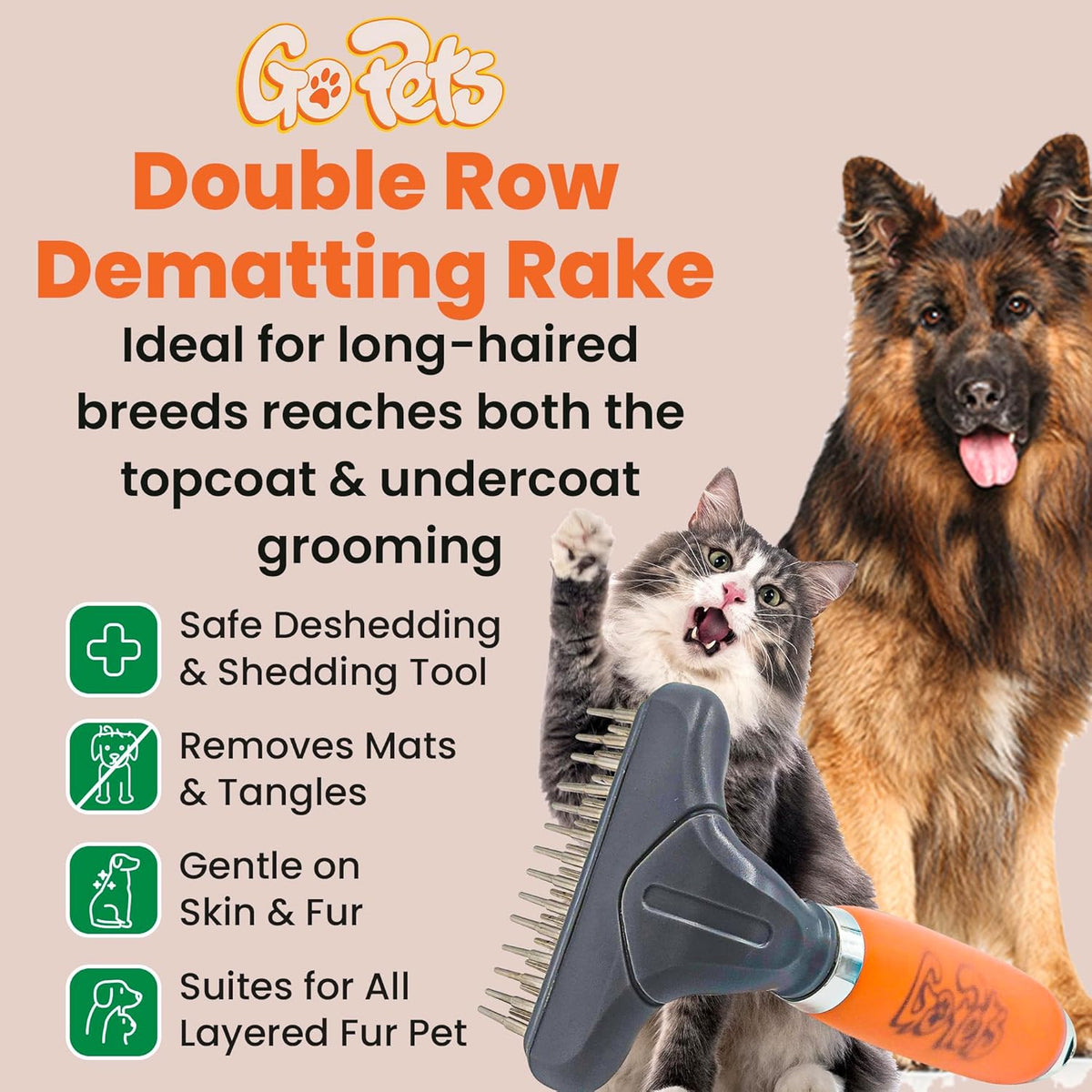 GoPets Double Row Dematting Rake, Undercoat Grooming Tool for Thick and Long Coat Pets, Ideal for