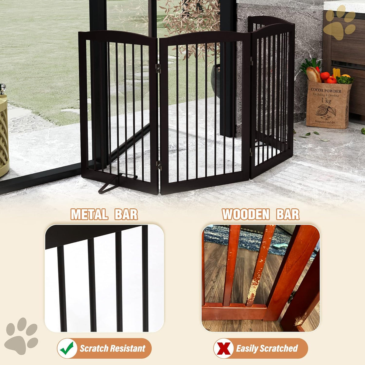Freestanding Pet Gate for Dogs, Indoor Wooden Foldable Dog Gate for House, Doorway, Stair, 80 Inch