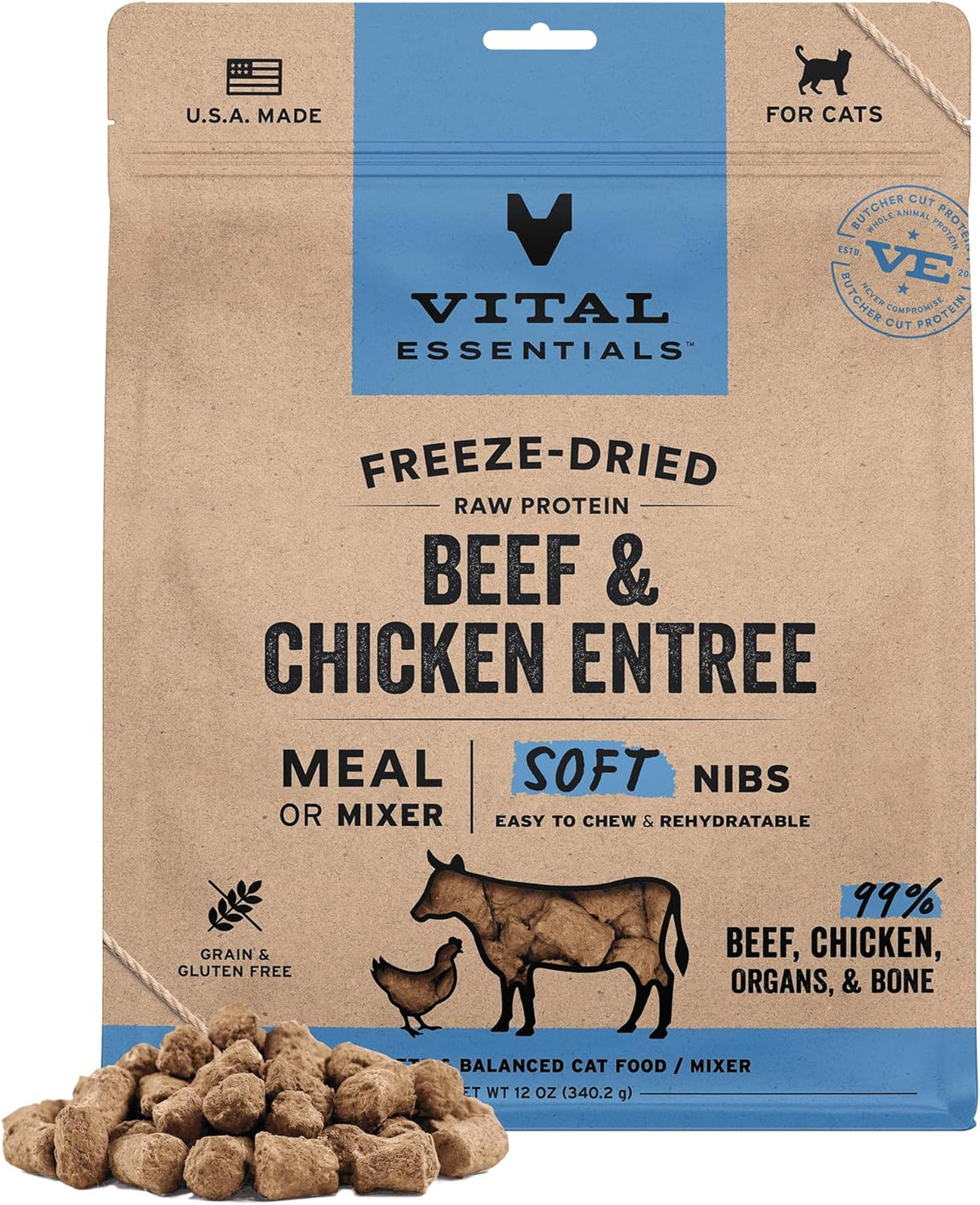 Vital Essentials Freeze-Dried Raw Beef & Chicken Meal or Mixer Cat Food Soft Nibs | 99% Beef