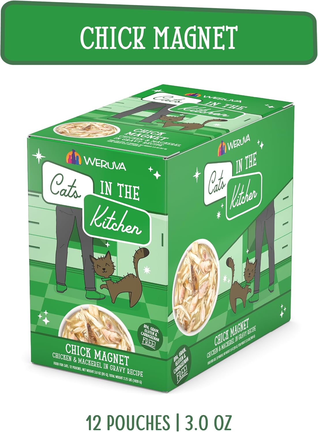 Weruva Cats in The Kitchen, Chick Magnet with Chicken & Mackerel in Gravy Cat Food, 3oz Pouch (Pack