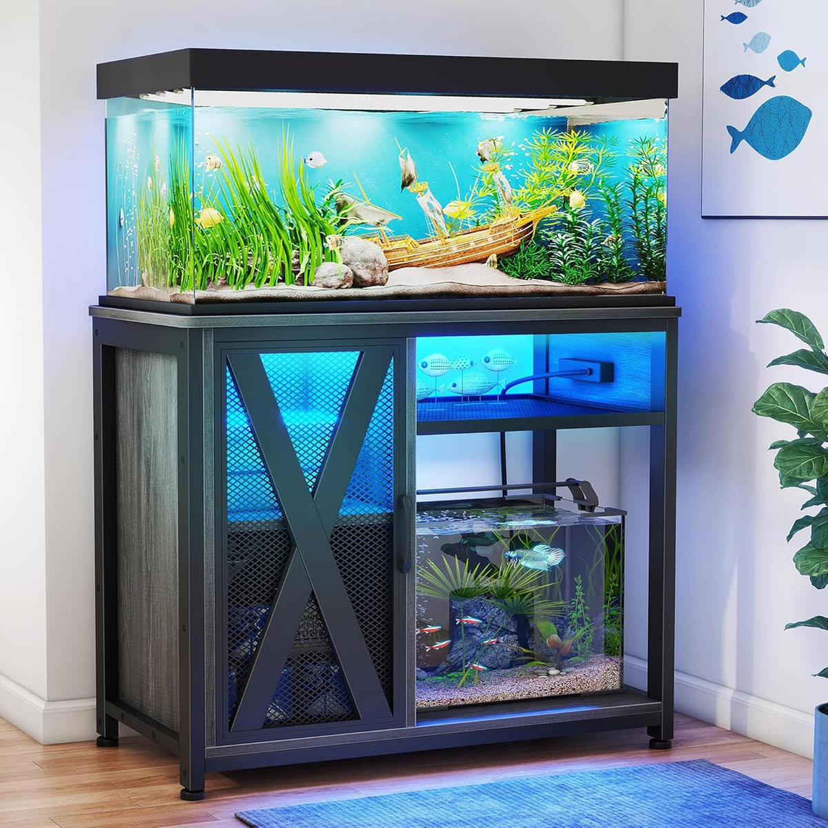 DWVO 40-50 Gallon Aquarium Stand with Power Outlets & LED Light, Cabinet for Fish Tank Accessories