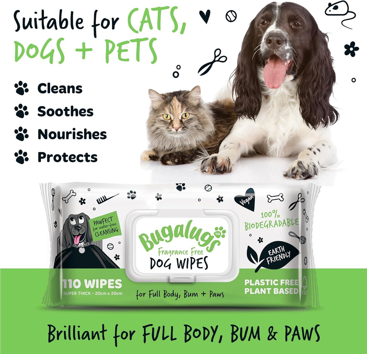 BUGALUGS Dog Wipes, 100% Plastic Free Biodegradable pet Wipes for Full Body, Eye Wipes, Ear Wipes