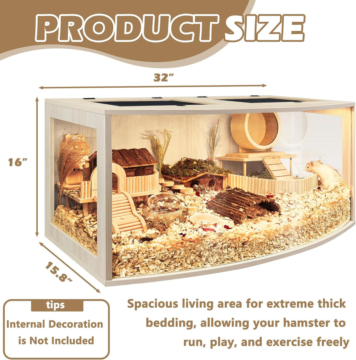 Prolee Hamster Cage Chew Proof Wood, Hamsters Enclosure Openable Top with Curved Design,Waterproof