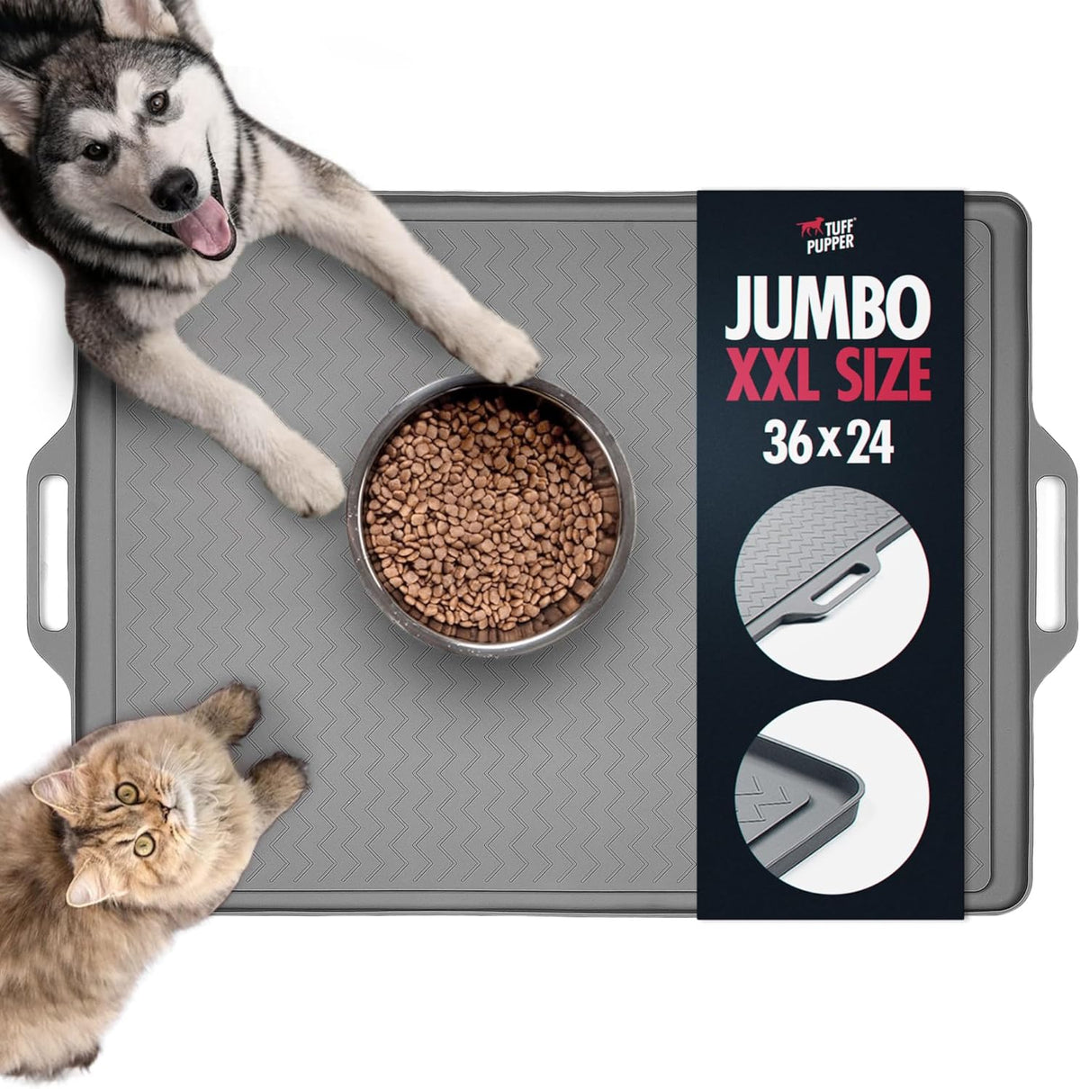 Tuff Pupper XXL Dog Feeding Mat 36x24 for Food and Water | Waterproof Silicone Placemat for Floors