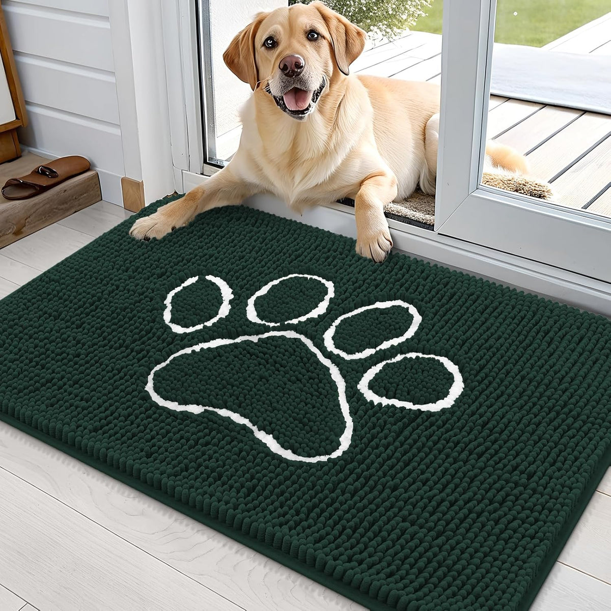 OLANLY Door Mat for Muddy Dog Paws 36x24, Absorbent Chenille Mud Doormat with Paw Print Design