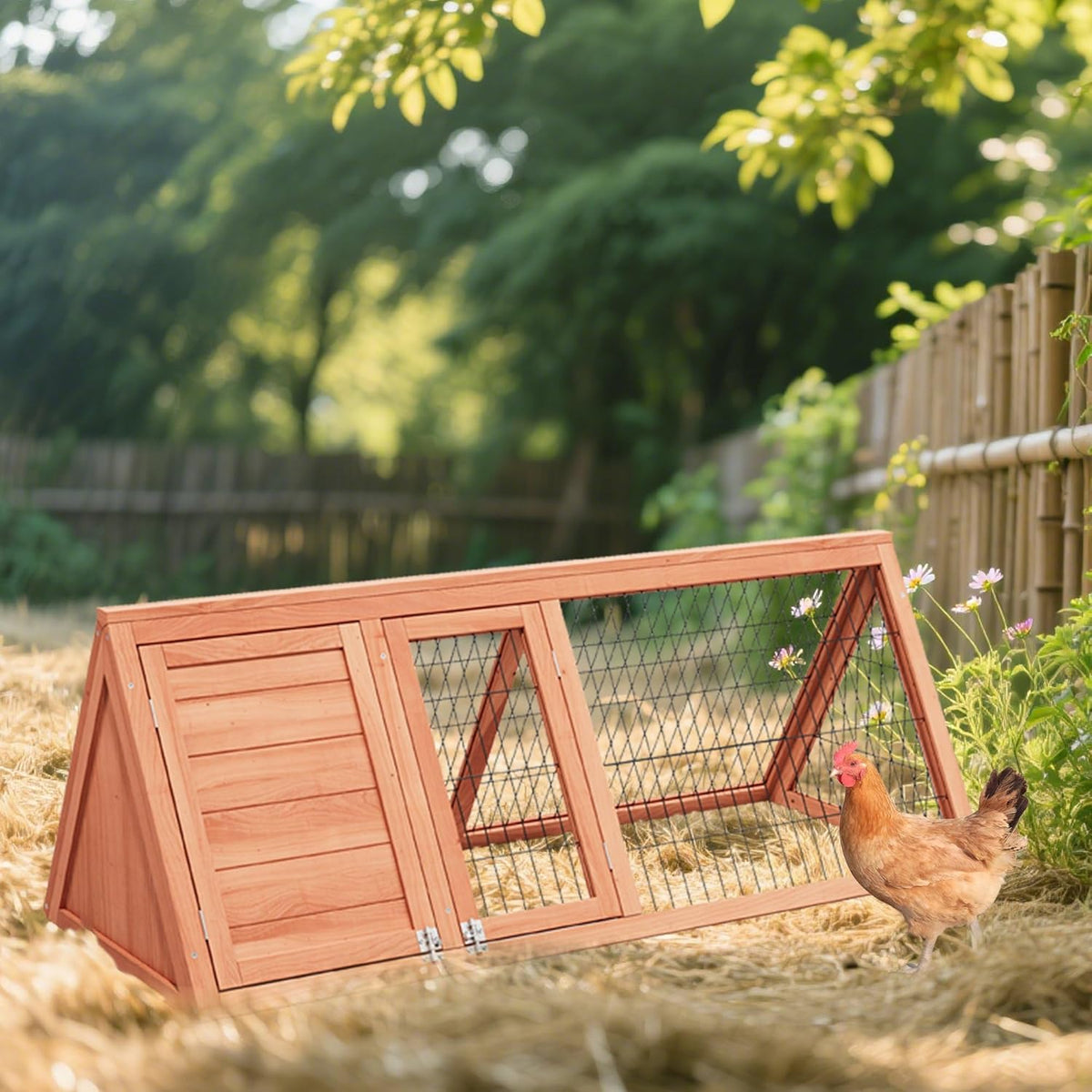 Chick Coop,Outdoor Portable Chicken Run Cage Wooden Triangle Quail Coop with Ventilating Wire