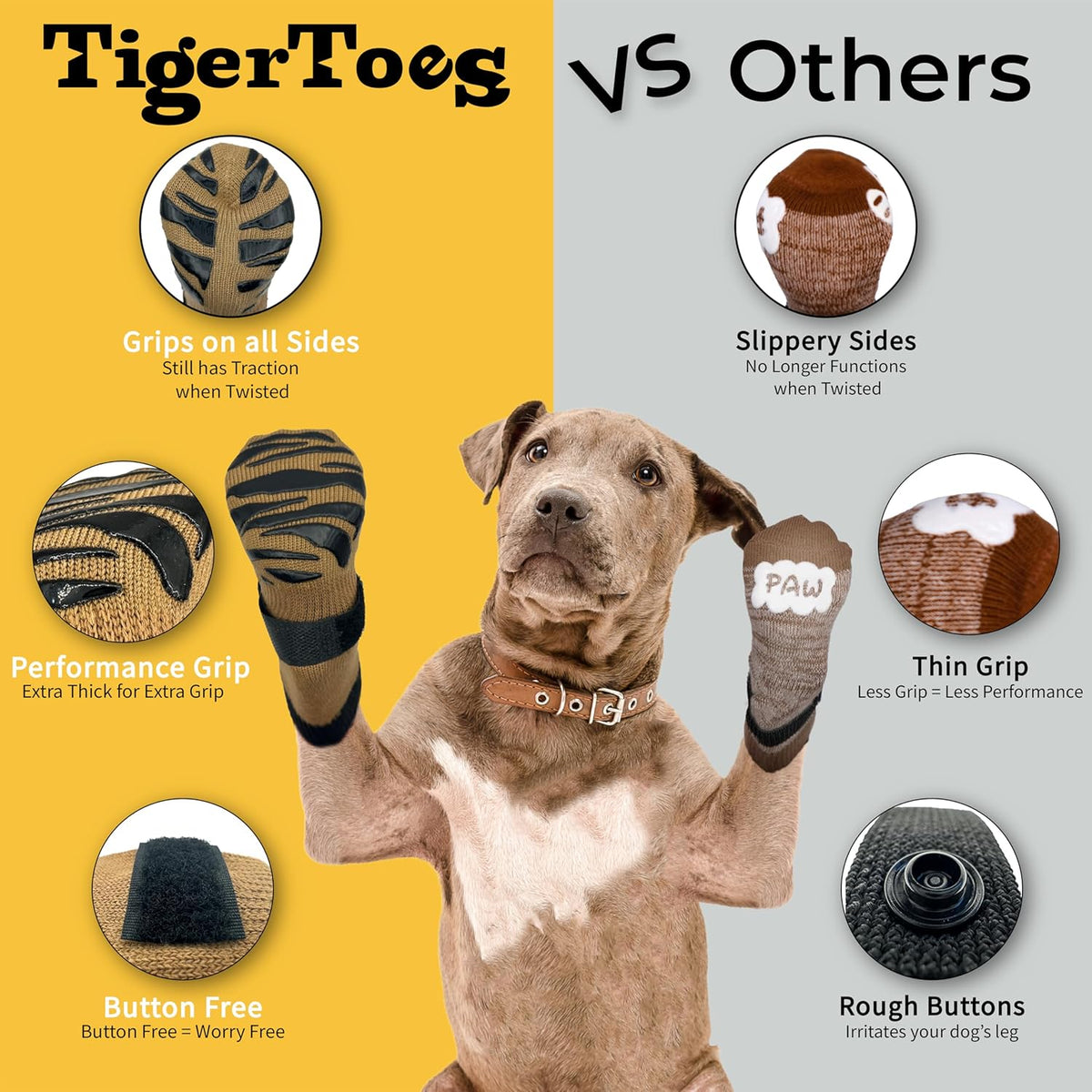 DOK TigerToes Premium Non-Slip Dog Socks for Hardwood Floors - Extra-Thick Grip That Works Even
