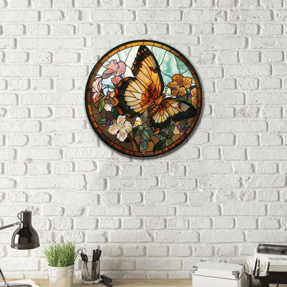 Lygond Metal Sign Tin Sign Circular Stained Glass Butterfly Inspirational Wall Art for Garage 12×12
