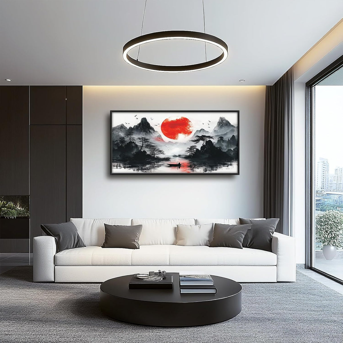 Framed Large Japanese Mountain Wall Art for Living Room, Oversized Asian Red Sun Lake Landscape
