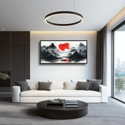 Framed Large Japanese Mountain Wall Art for Living Room, Oversized Asian Red Sun Lake Landscape