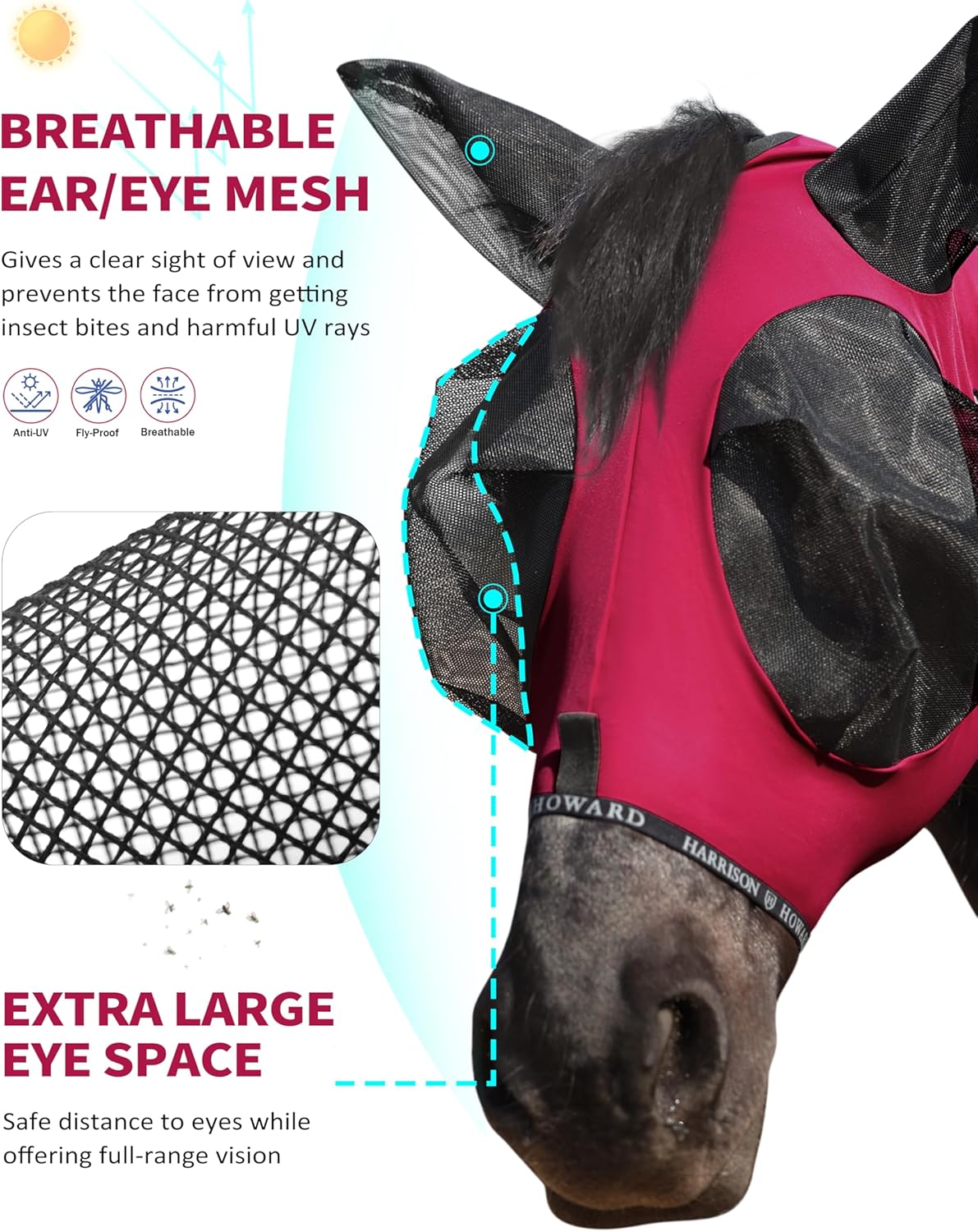 Harrison Howard Horse Fly Mask with Forelock Opening Stretch Breathable and Comfortable for Horses
