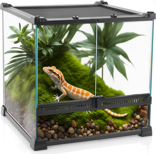 Mini Reptile Glass Terrarium 12"x12"x12" Durable Reptile Habitat Tank with Heat Resistant Aluminum