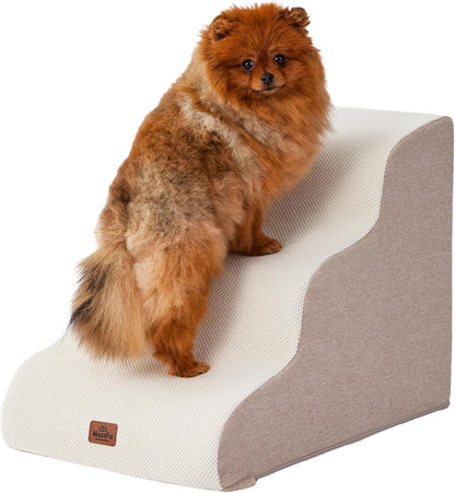 Beige Curved Dog Stairs Ramp for Small Dogs & Cats 17" H, 3-Step Dog Steps for Couch Sofa and
