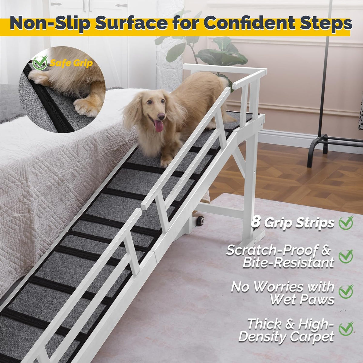 Dog Ramp for Bed or Couch, Wooden Pet Ramp with 20° Gentle Slope, Removable Side Rails, Non-Slip