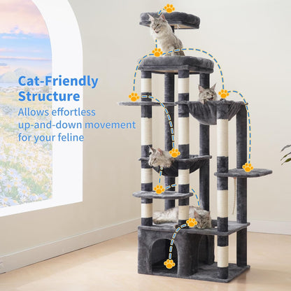 Heybly Heavy Duty Cat Tree, 71-Inch Tall Tower for Large Maine Coon with Extra-Large Baseboard, Cat