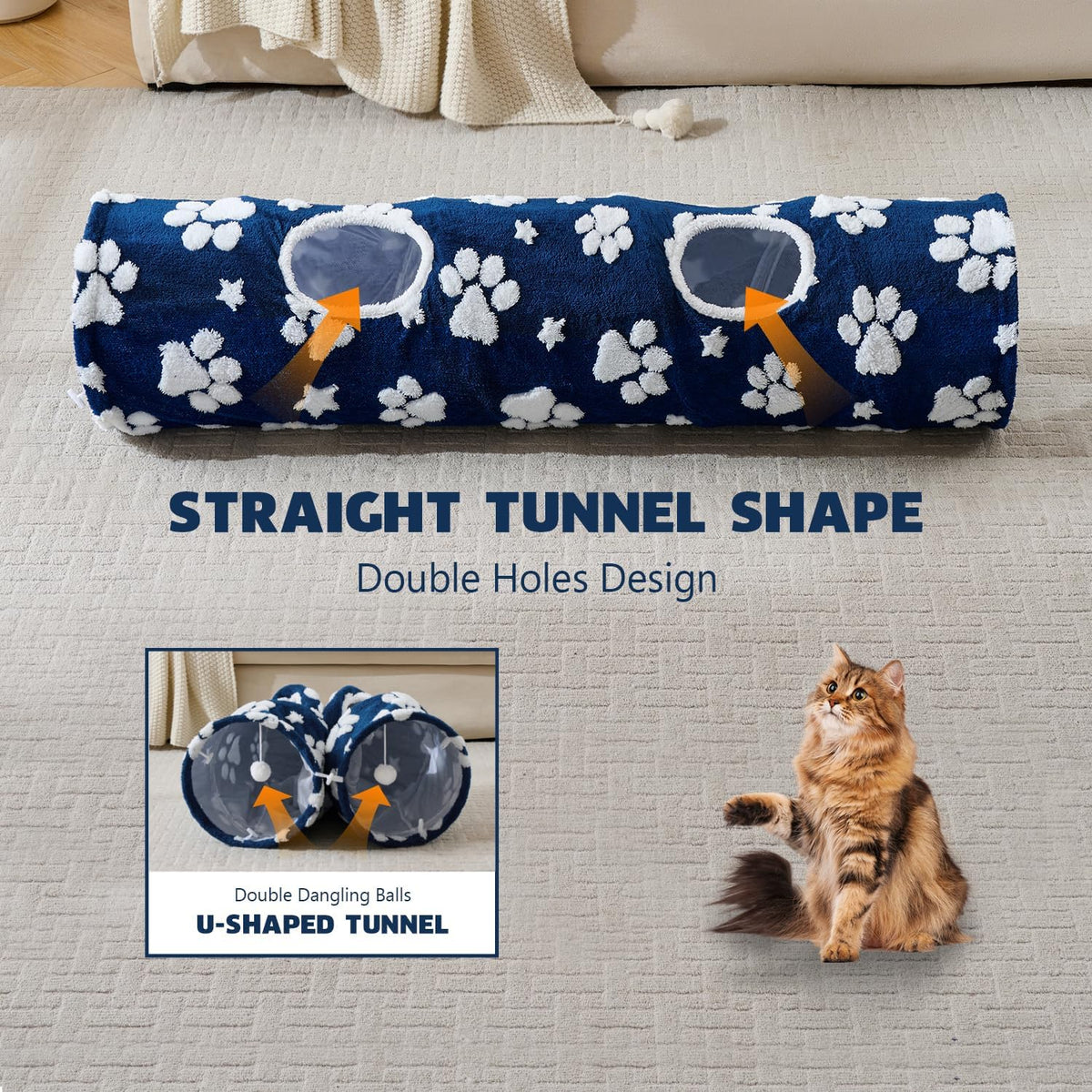 Straight Cat Tunnel for Indoor Cats 47"x12", Cute Cat Toys Collapsible Tunnel Tube with Balls for