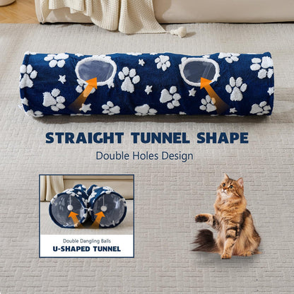 Straight Cat Tunnel for Indoor Cats 47"x12", Cute Cat Toys Collapsible Tunnel Tube with Balls for