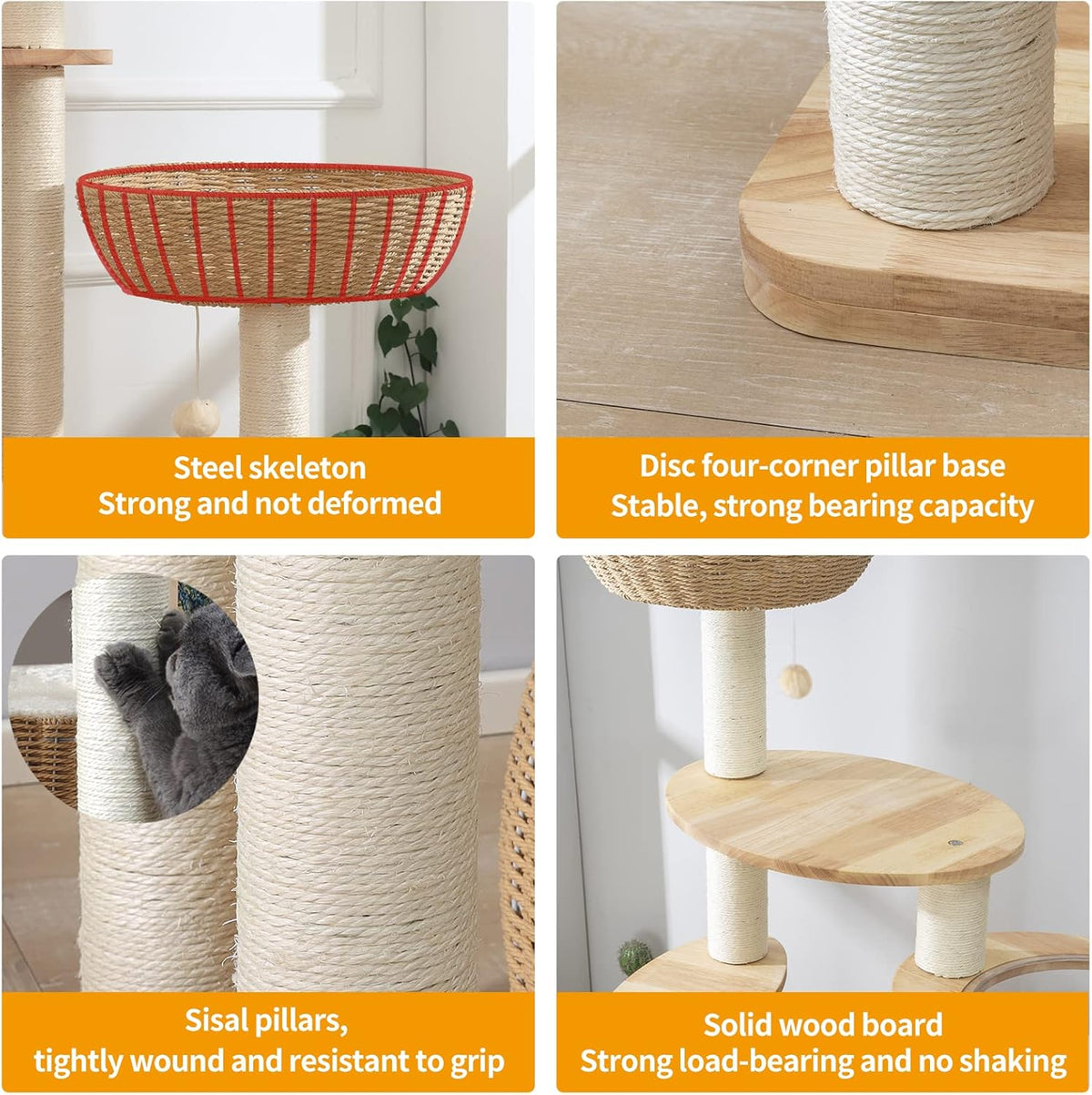 59" Big Modern Cat Tree Tower, Cat Tower Sisal-Covered Scratching Posts for Indoor Cats, Oak Wood