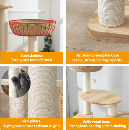 59" Big Modern Cat Tree Tower, Cat Tower Sisal-Covered Scratching Posts for Indoor Cats, Oak Wood